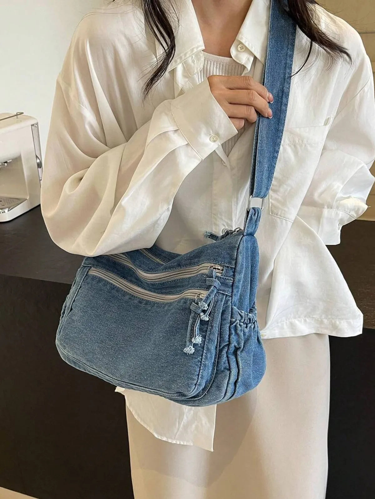 Grey Korean Fashion Denim Casual Crossbody Bag For Women