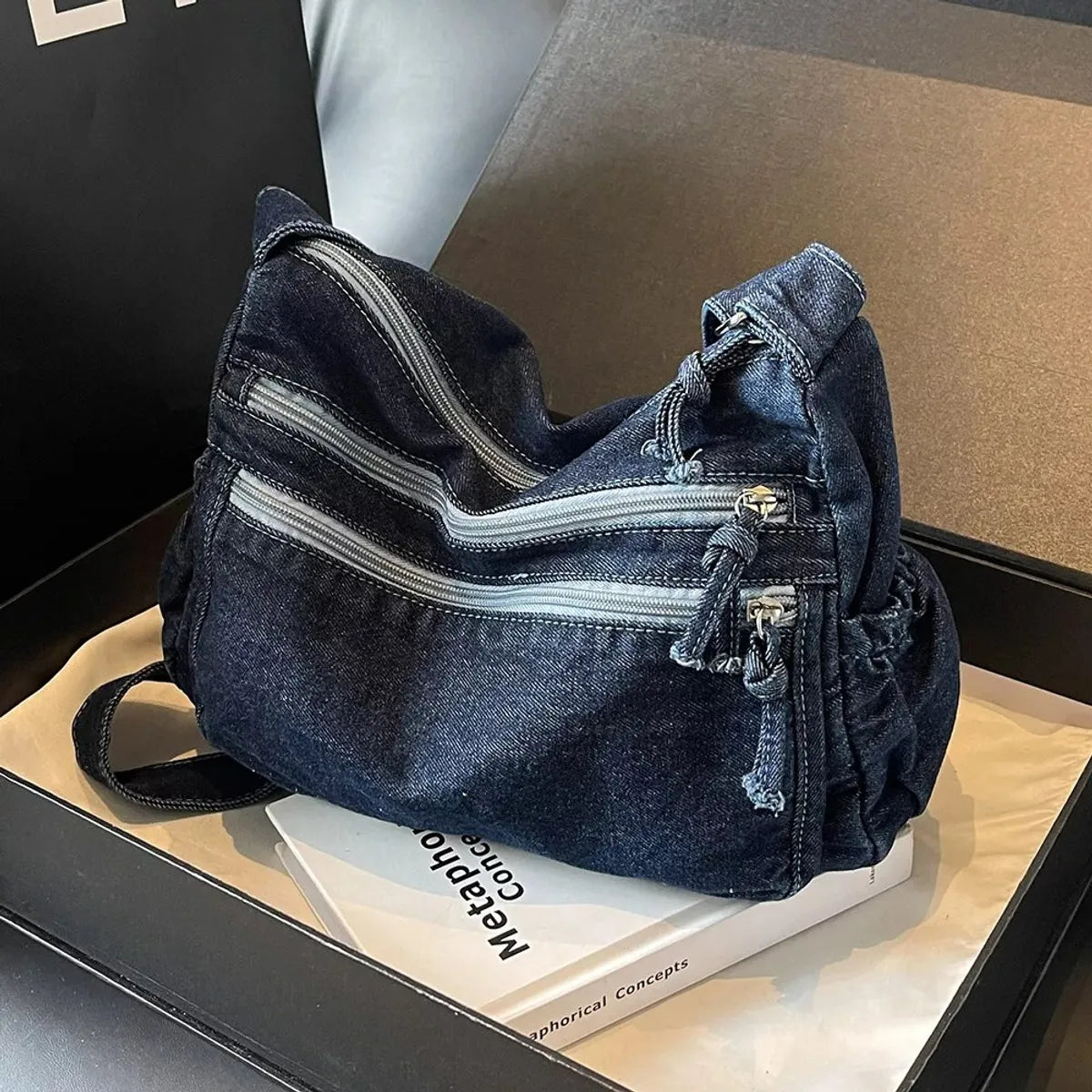 Grey Korean Fashion Denim Casual Crossbody Bag For Women