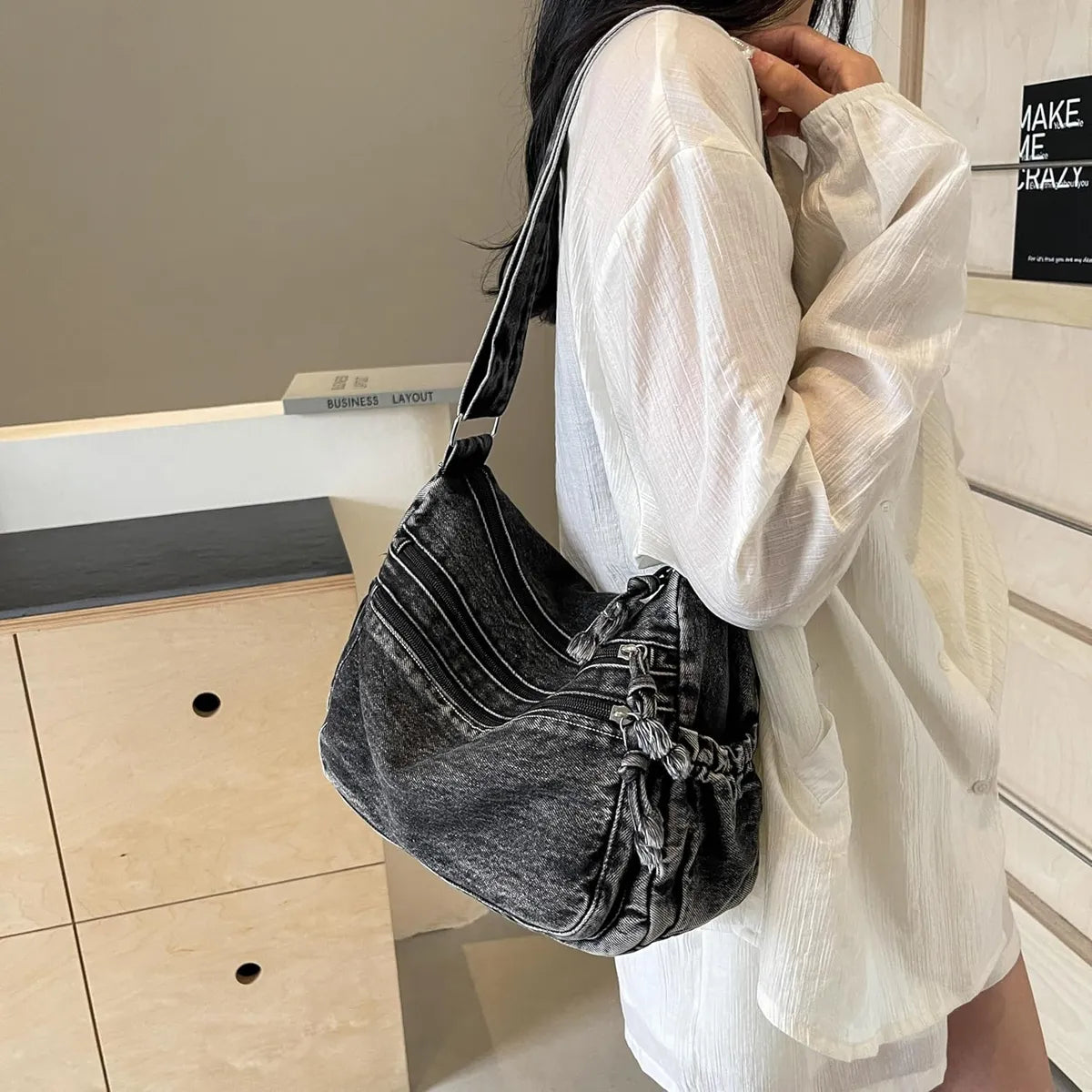 Grey Korean Fashion Denim Casual Crossbody Bag For Women